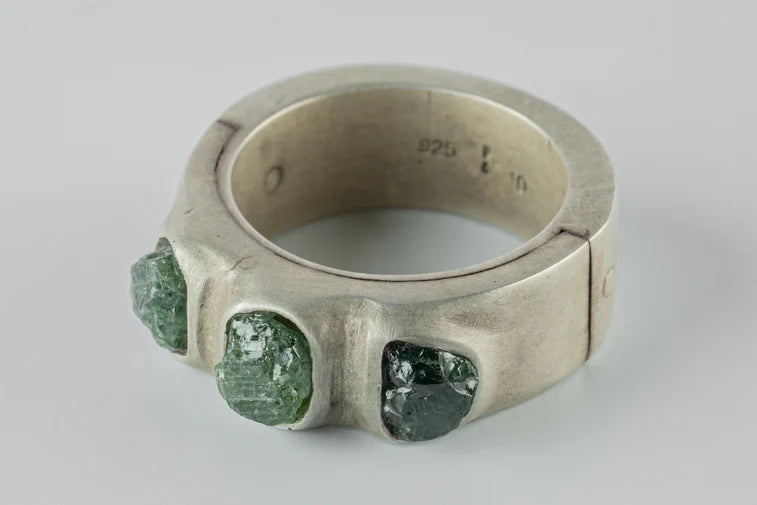 Terrestrial Surfaced, 3 Rough Green Sapphires Ring