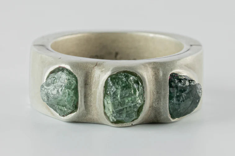 Terrestrial Surfaced, 3 Rough Green Sapphires Ring