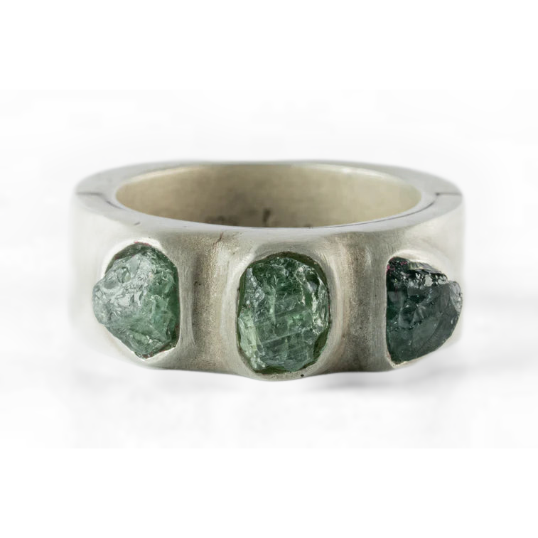 Terrestrial Surfaced, 3 Rough Green Sapphires Ring