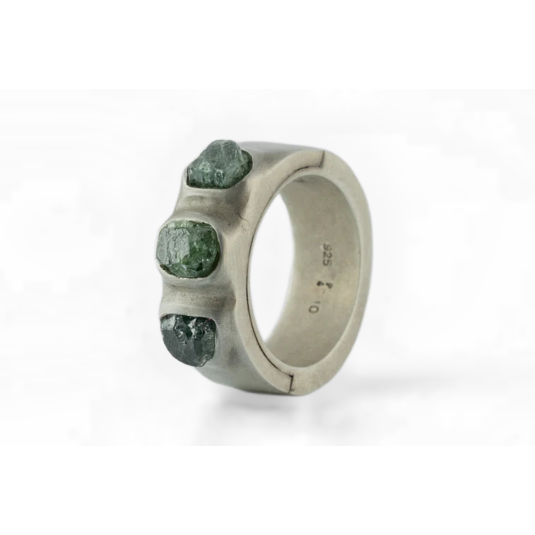 Terrestrial Surfaced, 3 Rough Green Sapphires Ring