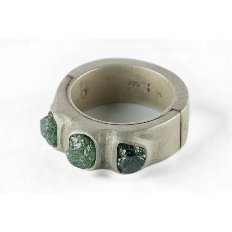 Terrestrial Surfaced, 3 Rough Green Sapphires Ring